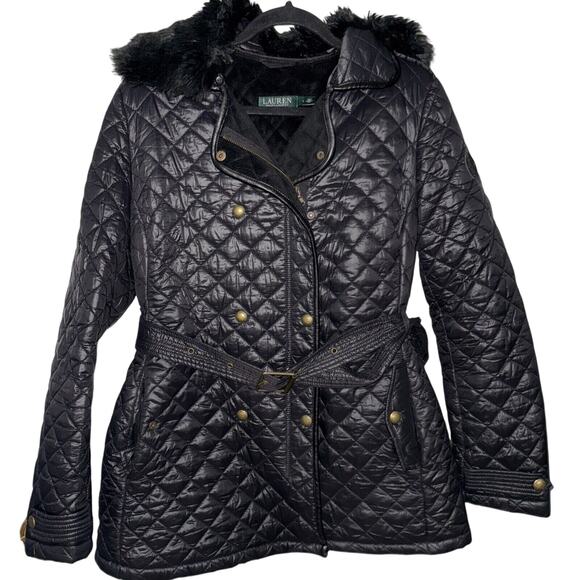 Ralph Lauren Black Faux Fur Trim Hooded Diamond Quilted Jacket Large - Picture 1 of 11